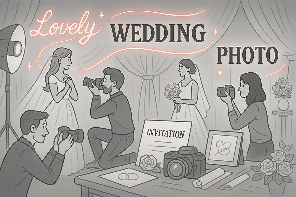 Wedding Photography Fonts illustration with brides, cameras, and glowing typography elements in a creative studio setup