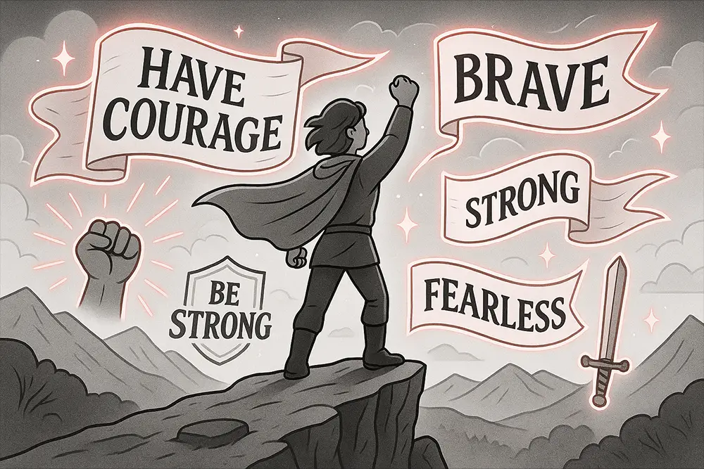 A black-and-white digital line art illustration with glowing red accents showing a fearless character raising a fist on a cliff, surrounded by banners with Courage Quotes like Brave, Fearless, Strong, and Have Courage.