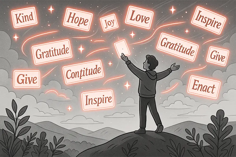 A black-and-white digital line art illustration with glowing red accents showing a person releasing floating kindness quotes like stars into the sky, inspiring the world.