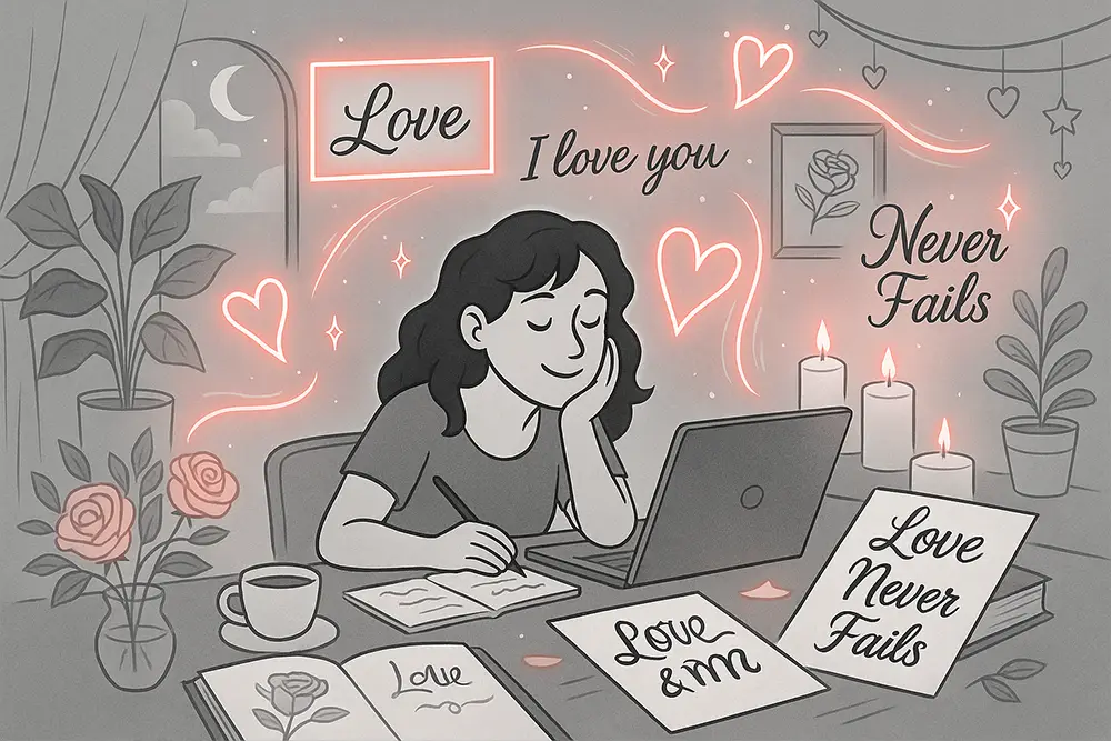 An artistic black-and-white illustration with glowing red accents, showing a romantic creative workspace filled with candles, roses, and floating hearts, symbolizing Short Love Quotes that inspire creativity and passion.