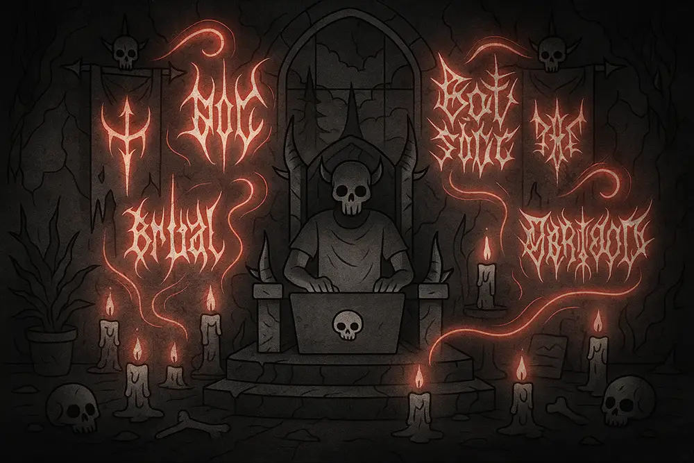 A dark gothic throne room with skulls, candles, and glowing brutal typography floating in the air, symbolizing Powerful Blackmetal Font to boost creative and brutal designs.