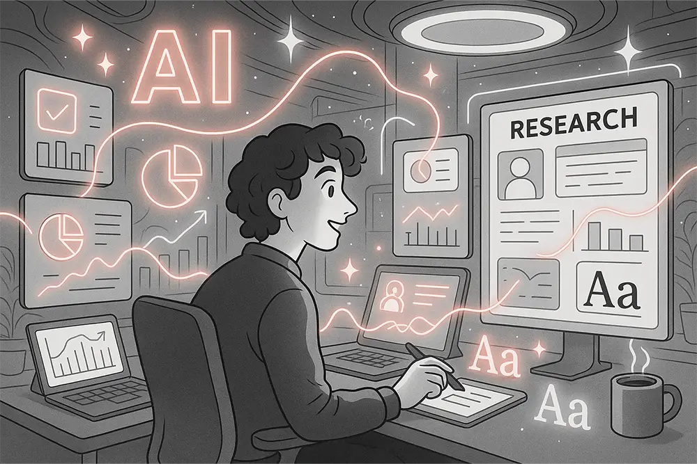 AI Client Research illustration showing futuristic tools for designers with glowing accents