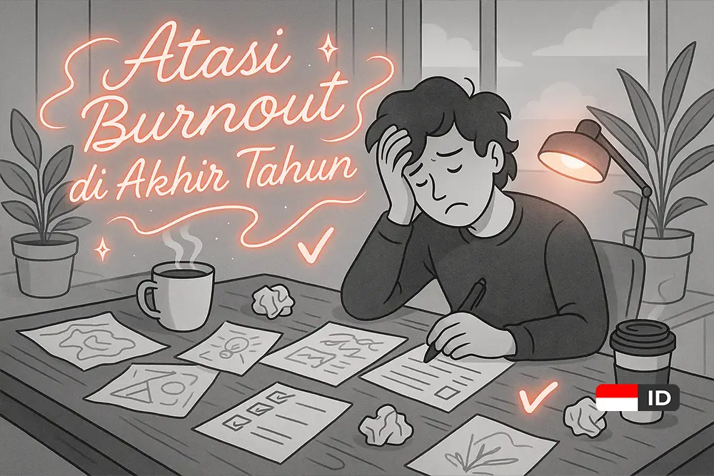 Ilustrasi kreatif black and white dengan aksen merah tentang burnout freelance di akhir tahun, menggambarkan kelelahan dan cara mengatasinya.