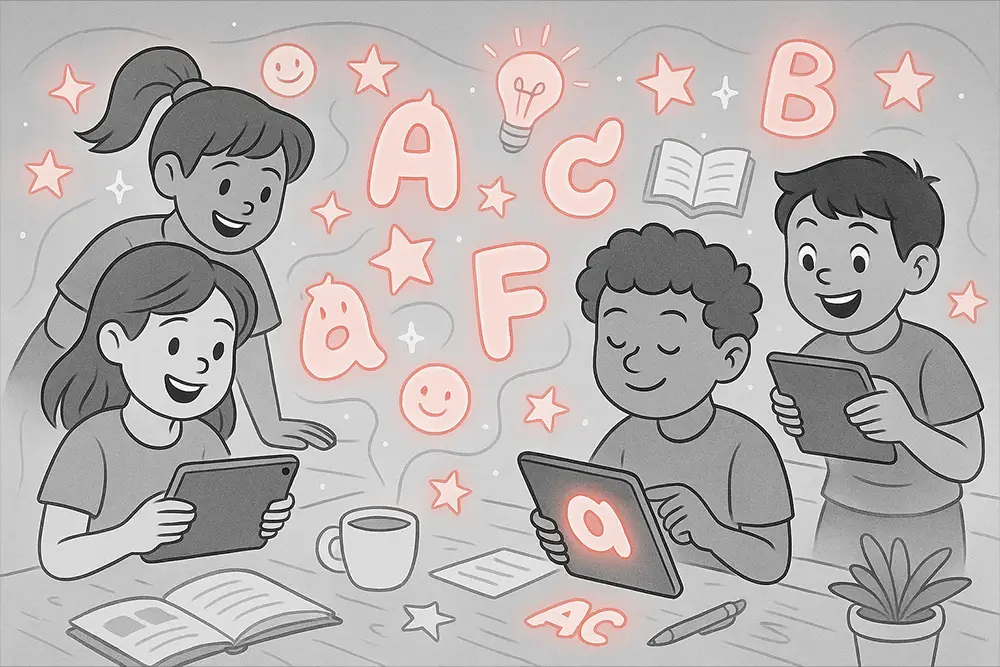 Children happily using tablets with playful glowing letters and symbols floating around, illustrating brain-friendly Education App Fonts that make learning fun and engaging.