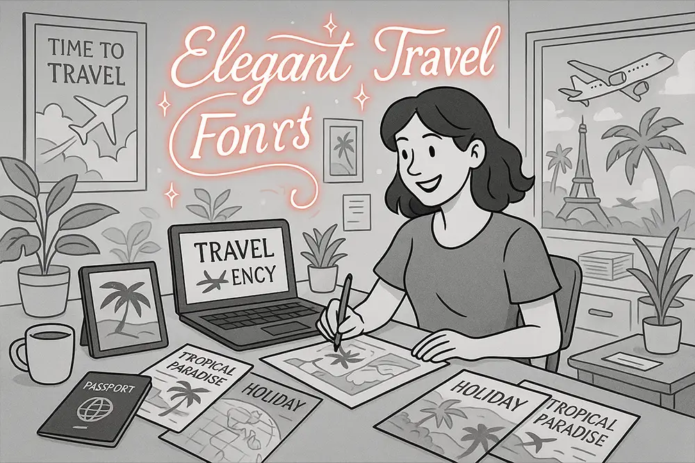 Creative black-and-white illustration with glowing red accents showing Travel Agency Fonts for brochures and branding design