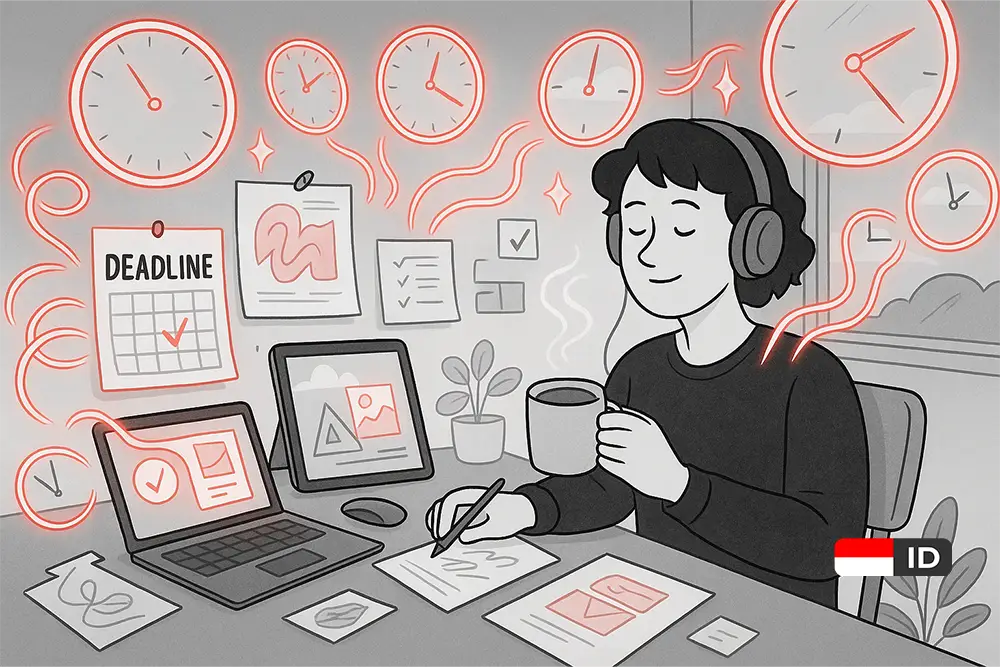 Seorang freelancer desain bekerja santai di meja kerja dengan laptop, headphone, dan kopi, dikelilingi ikon jam dan kalender glowing yang melambangkan deadline ketat namun tetap fokus dan produktif.