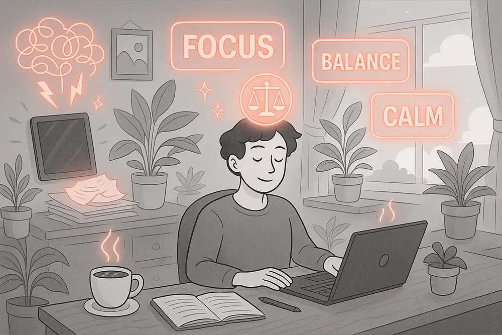 Freelancer Mental Health Tips illustration showing calm and focus at work