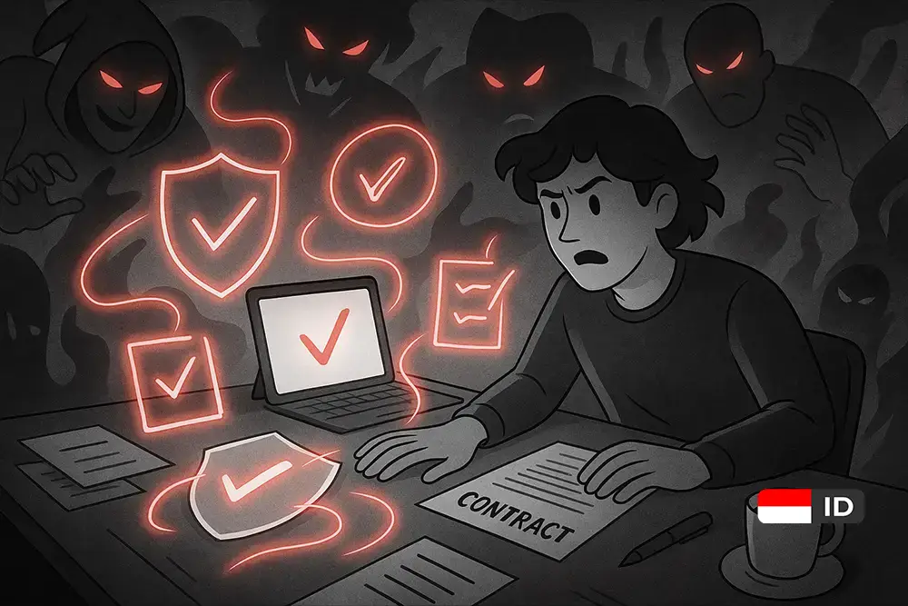 Ilustrasi seorang freelancer di meja kerja menghadapi bayangan menakutkan yang melambangkan Scam Freelance, dengan simbol bercahaya berupa checklist, kontrak, dan perisai sebagai perlindungan.