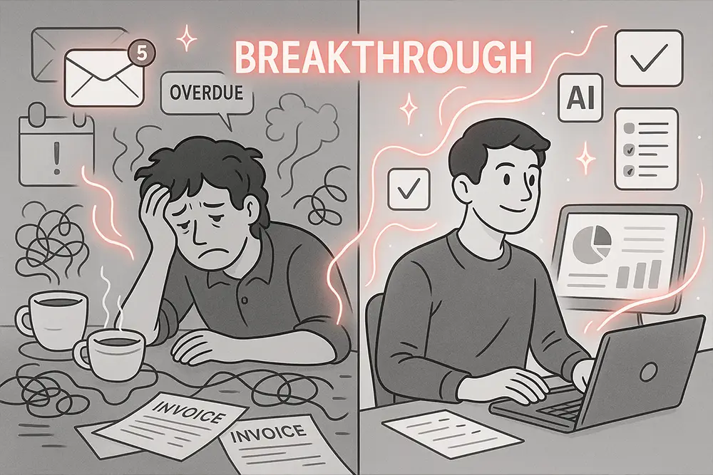 Black-and-white digital artwork with glowing red accents showing the contrast of burnout and breakthrough, symbolizing how AI Admin Tools help freelancers stay productive.