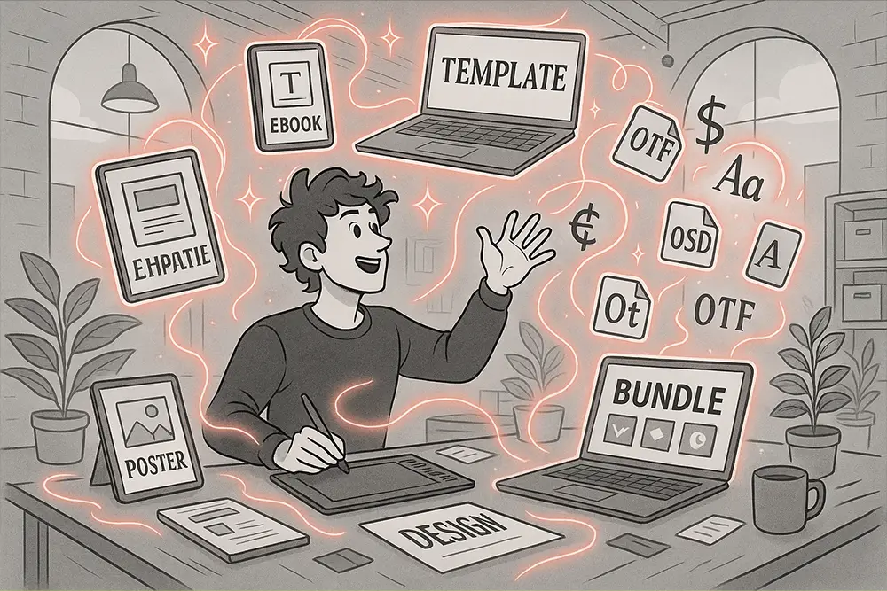 A creative black-and-white digital illustration with glowing red accents showing a visionary workspace full of fonts, templates, and assets representing Designer Digital Products.