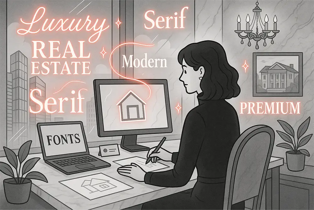 Luxury real estate fonts showcased in a premium office branding illustration with glowing serif and modern typography elements