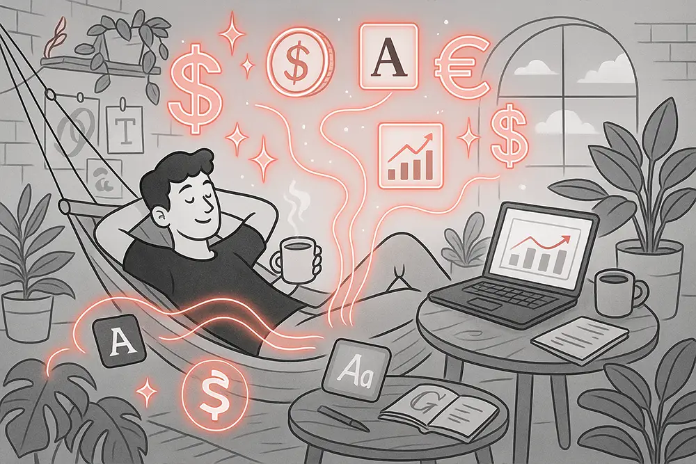 Passive Income for Designers illustrated as a relaxed freelancer lounging in a hammock with coffee, surrounded by glowing currency symbols, typography icons, and a laptop showing rising earnings.