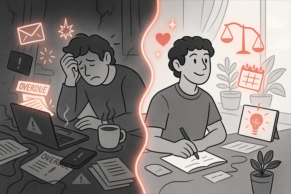 A split-scene illustration showing Freelancer Digital Detox: on the left a stressed, burned-out freelancer at a cluttered desk, on the right a happy and balanced freelancer in a bright, organized workspace.