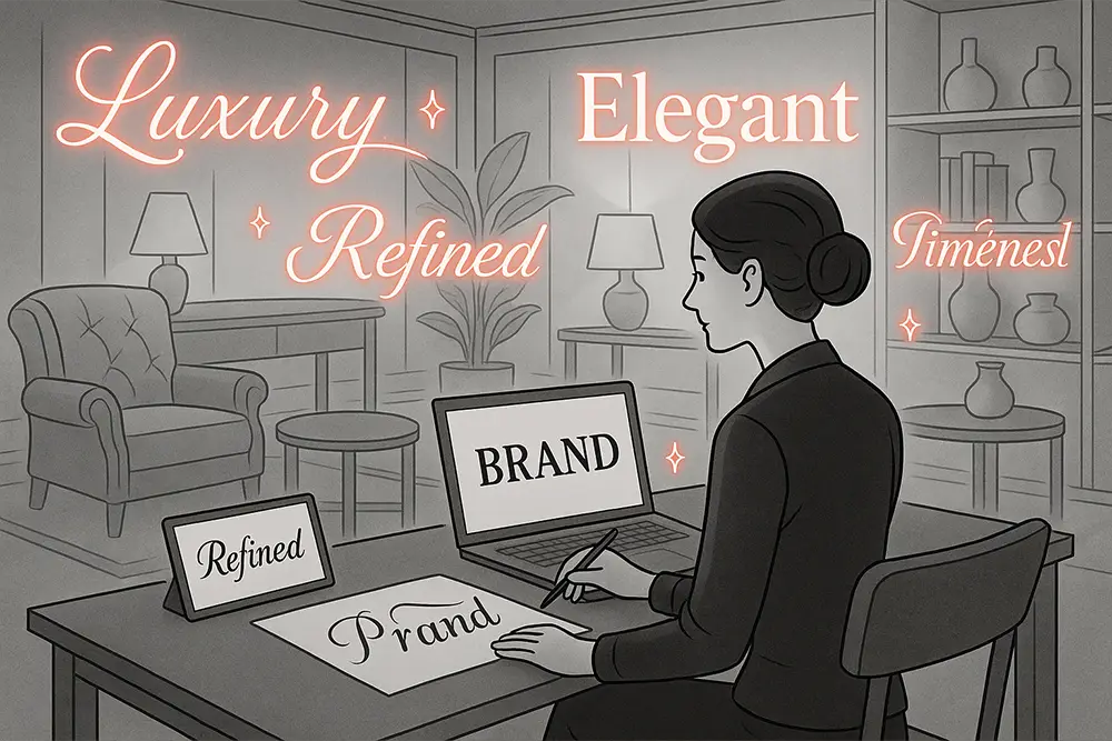 Black-and-white digital illustration of a designer working on premium Furniture Branding Fonts with glowing red accents, elegant serif and script typography floating around luxury furniture in a sophisticated showroom.