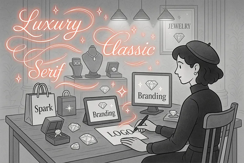 A luxury boutique scene with glowing typography and jewelry displays, representing Jewelry Branding Fonts in a timeless and elegant style.