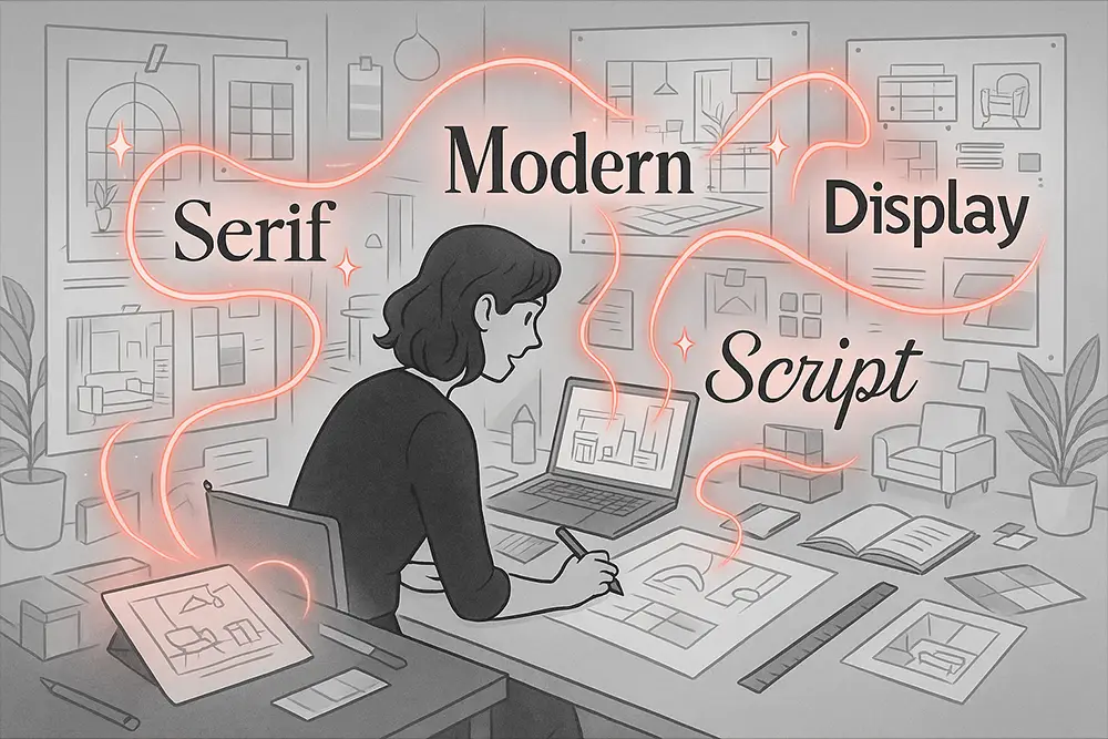 An interior designer working at a creative studio desk surrounded by sketches, mood boards, and glowing typography elements—Serif, Modern, Display, Script—illustrating the power of Interior Design Fonts to transform portfolios.