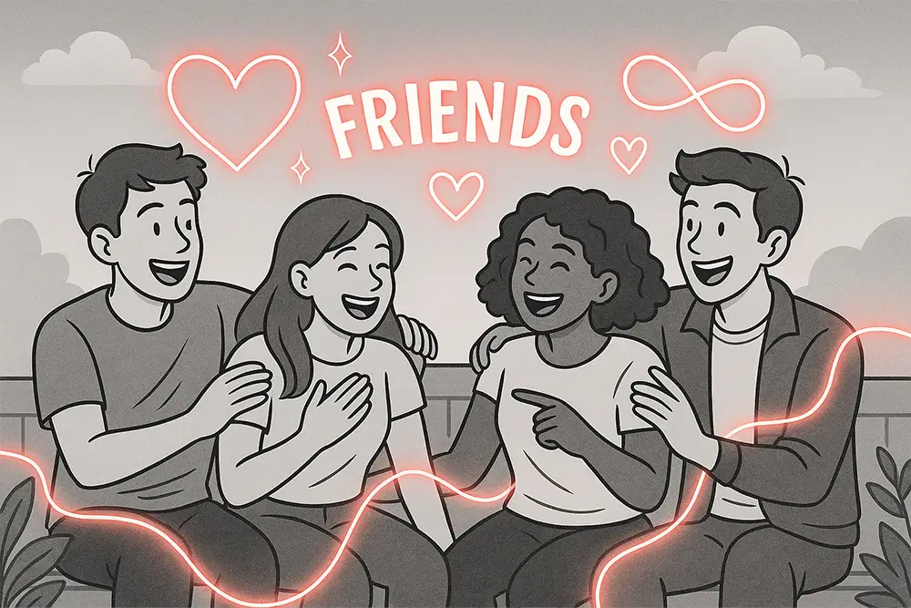A joyful group of friends sitting together outdoors, laughing and glowing with hearts and infinity symbols above them, perfectly capturing the warmth of Friendship Quotes about love and loyalty.