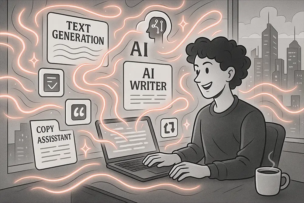 A futuristic black-and-white digital line art illustration of a freelancer surrounded by glowing holographic AI Writing Tools, symbolizing unstoppable creativity and innovation.