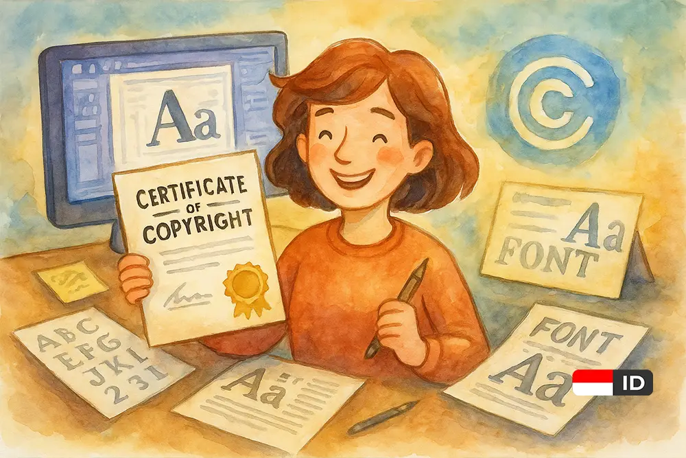 Ilustrasi whimsical bergaya watercolor tentang desainer font yang berhasil membuat sertifikat hak cipta dengan mudah, dikelilingi elemen desain dan suasana kreatif.