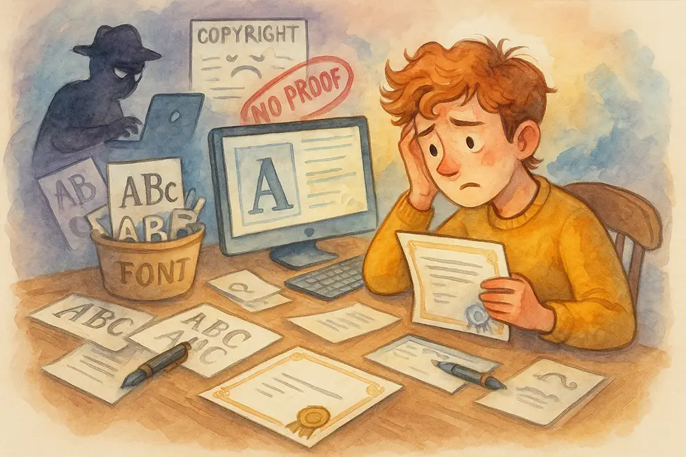 Ilustrasi whimsical watercolor tentang desainer font yang menyadari karyanya dicuri karena belum memiliki sertifikat hak cipta. Suasana reflektif dan edukatif.