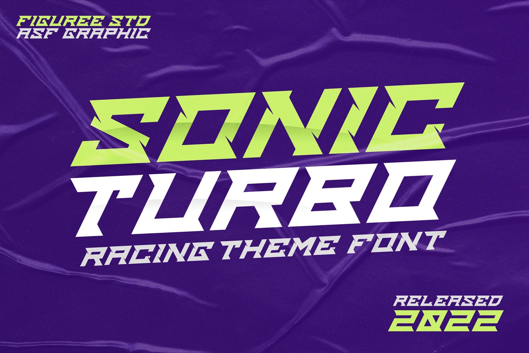 A promotional poster for the "Sonic Turbo" racing theme font. The text features a bold and angular style in lime green and white on a crumpled purple background, with additional stylized text indicating the release year 2022 and credits to Figuree STD and ASF Graphic