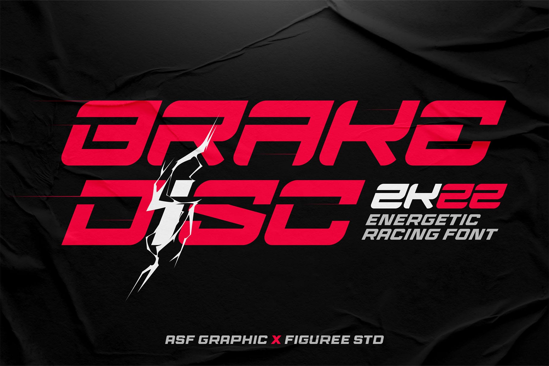 Promotional graphic for the "Brake Disc 2K22" font. The design features bold, italicized red and white text with a stylized crack running through the middle, set against a textured black background. It is labeled as an "Energetic Racing Font" with credit to ASF Graphic and Figuree STD.
