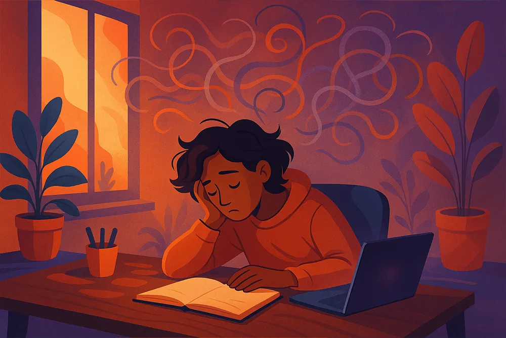 An illustration of a tired creative person sitting at a desk, head resting on their hand, next to a closed sketchbook and a glowing laptop. The room is warmly lit with orange and purple hues, decorated with indoor plants and a large window. Faint, tangled abstract swirls float above the person's head, symbolizing creative burnout