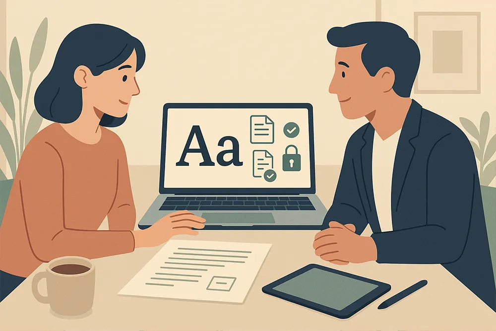 A flat-style digital illustration of a designer and a client discussing font licensing at a modern office table. A laptop displays abstract font icons and licensing symbols, while documents, a tablet, and a coffee mug are arranged neatly on the table. The atmosphere is professional and calm.