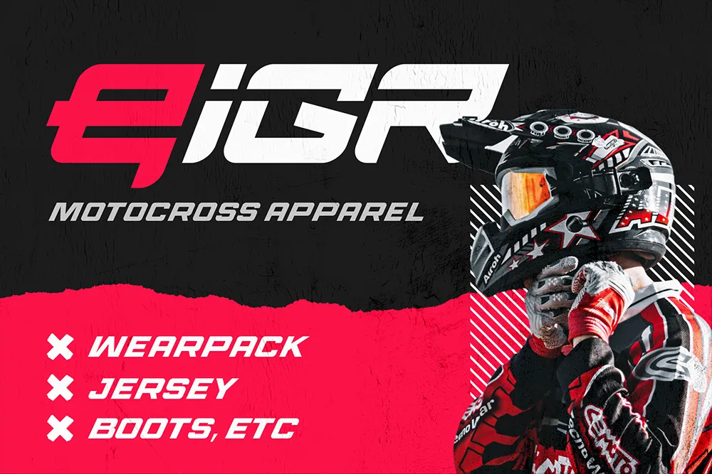 Motocross-themed promotional graphic featuring a bold logo reading "eigr" with the tagline "Motocross Apparel." A motocross rider in full gear, including a helmet and gloves, is shown on the right. Text on the left lists gear items: wearpack, jersey, boots, etc., with a red and black grunge-style background.
