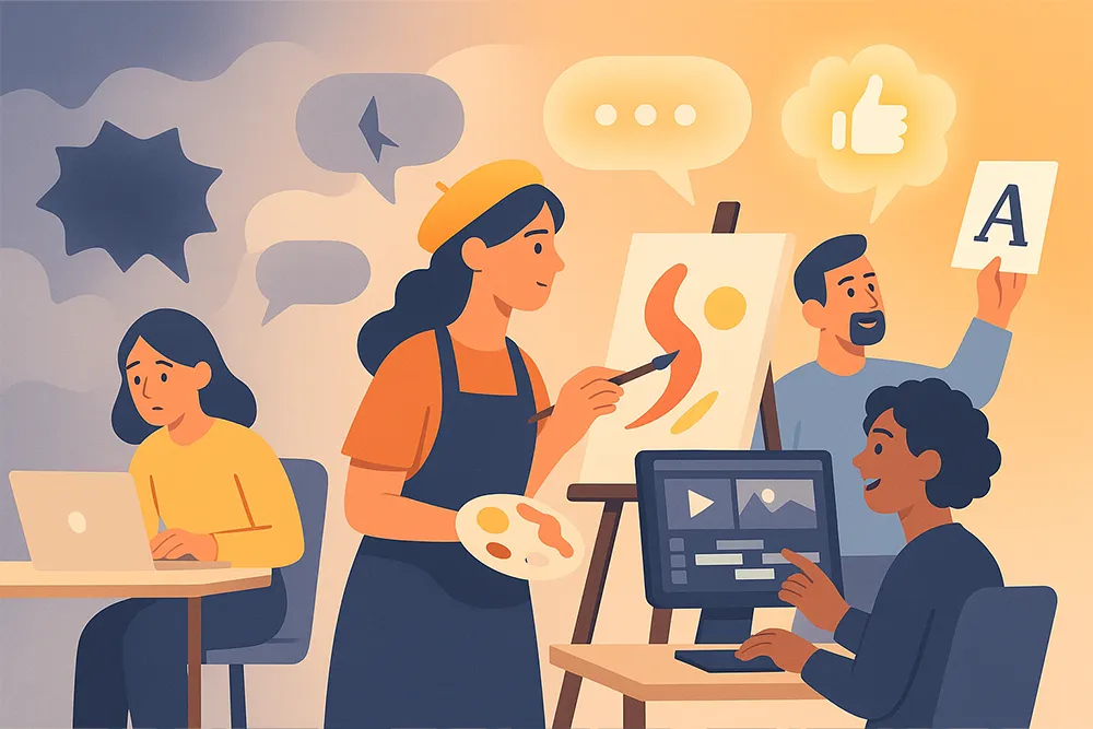 An illustration of a creative team collaborating—one person painting on a canvas, another editing on a computer, a third holding up a font sample, and a fourth working on a laptop in the background.
