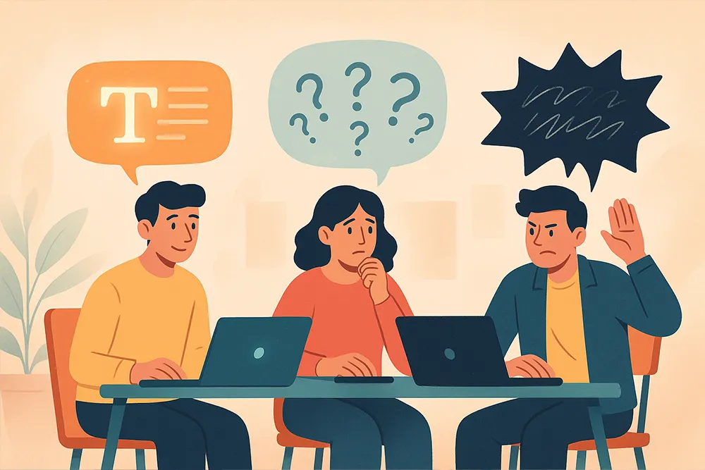 An illustration of three people working on laptops, each showing different expressions—confident, confused, and frustrated—with speech bubbles representing their thoughts.