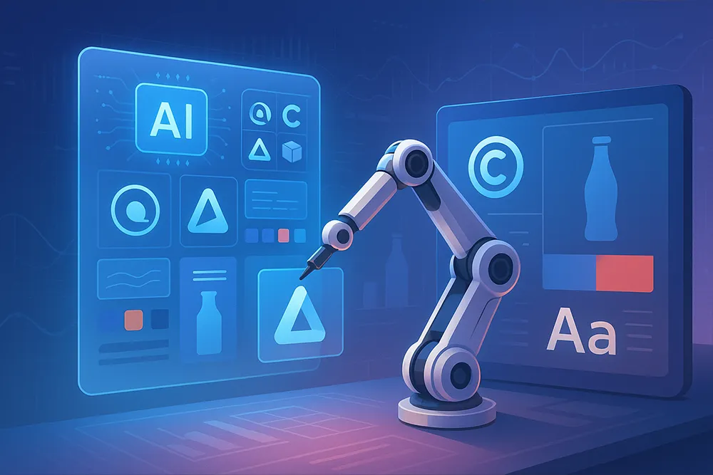 A futuristic illustration of a robotic arm interacting with digital screens displaying AI-generated design elements such as logos, typography, and icons. The screens feature symbols like "AI," a copyright icon, geometric shapes, and a bottle silhouette, indicating branding and creative design automation.