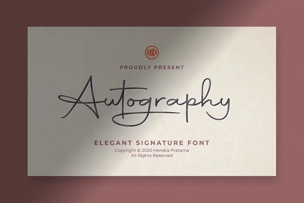 Promotional graphic for "Autography," an elegant signature font. The image showcases the font name in a flowing, handwritten style on a soft cream background with a subtle shadow and a maroon border