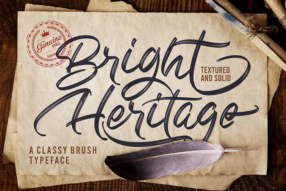 Promotional image for "Bright Heritage," a textured and solid brush typeface. The design features a bold, vintage script font on aged paper with a feather, paintbrushes, and a red stamp reading "The Genuine Product