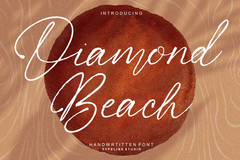 Promotional image for the "Diamond Beach" handwritten font by Typeline Studio. The design features elegant script lettering over a textured, sandy background with a large red-brown sun-like circle in the center.