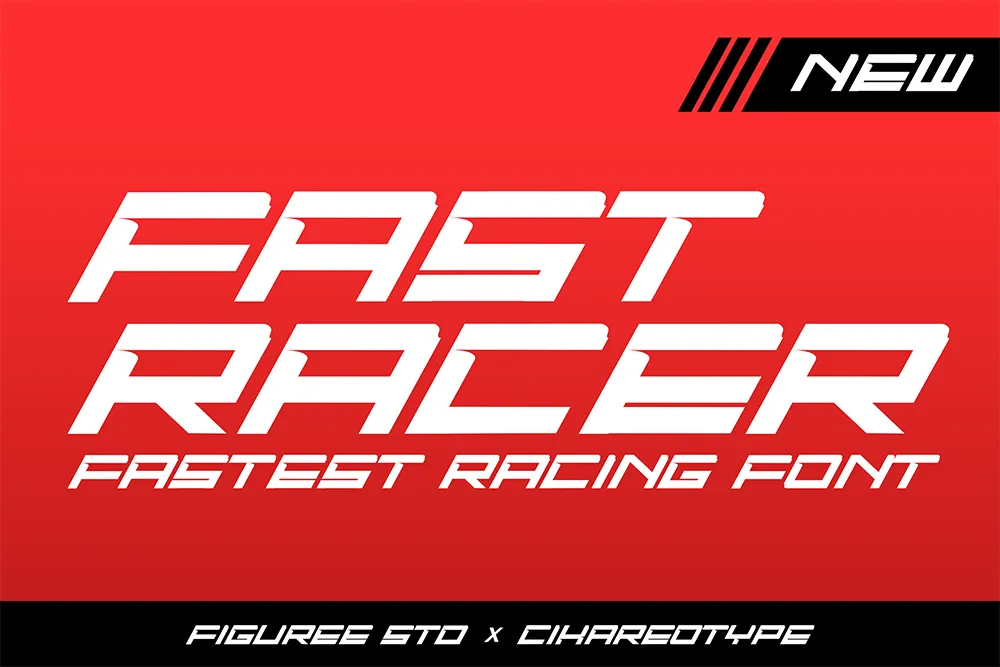 Promotional image for the "Fast Racer" font. Bold italicized white text with aerodynamic cuts sits on a red background, emphasizing speed and motion. The image features the tagline “Fastest Racing Font” and credits to Figuree STD x Cikareotype.