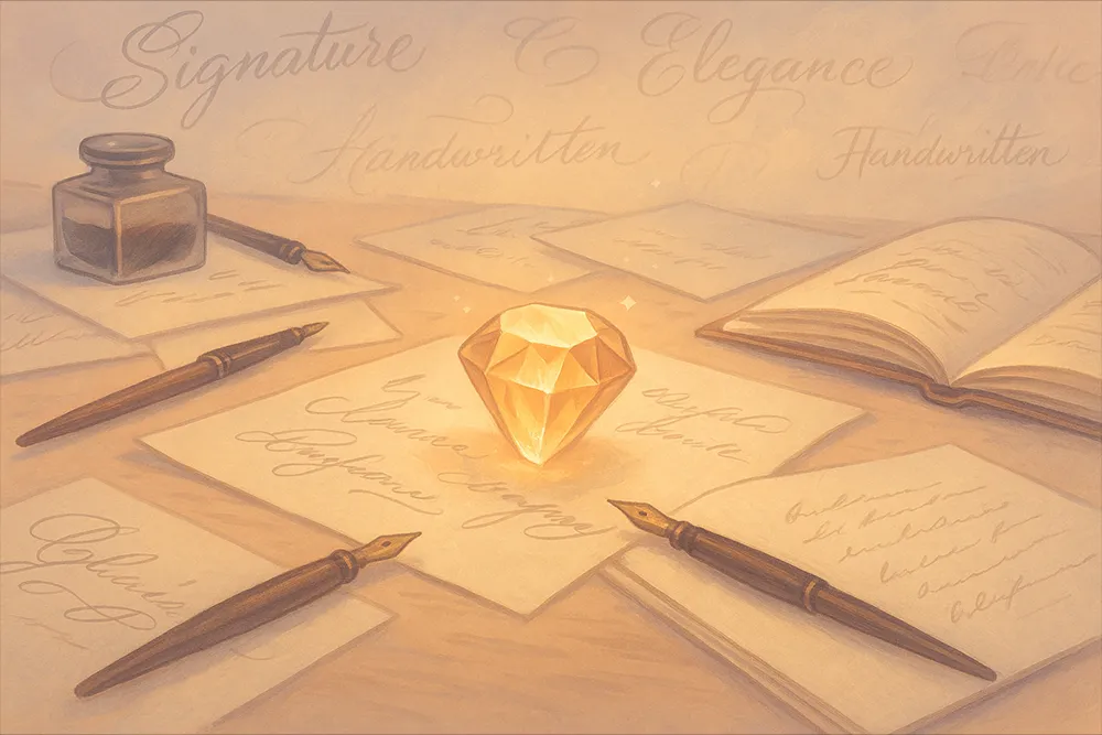 A warm, sepia-toned illustration featuring elegant fountain pens, ink bottles, and handwritten pages spread across a desk. At the center glows a faceted golden gem, symbolizing creativity or inspiration. The background includes softly written words like "Signature," "Elegance," and "Handwritten."