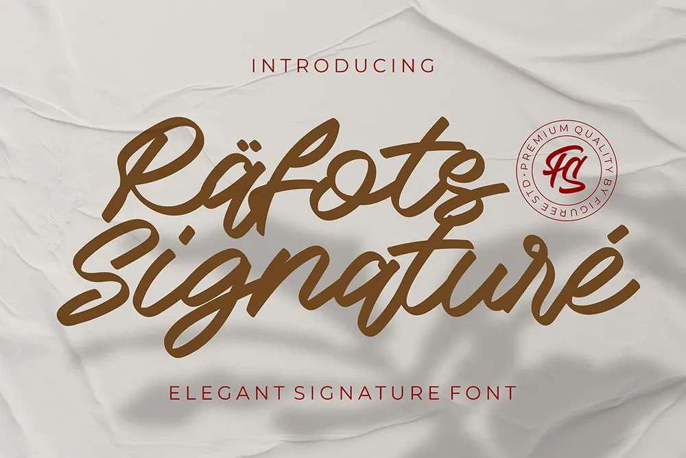 "Rafots Signature" elegant signature font displayed in a smooth, flowing script in brown color against a crumpled white fabric background. The layout includes red text stating "Introducing" and a circular stamp-like emblem indicating premium quality by Figuree Studio.
