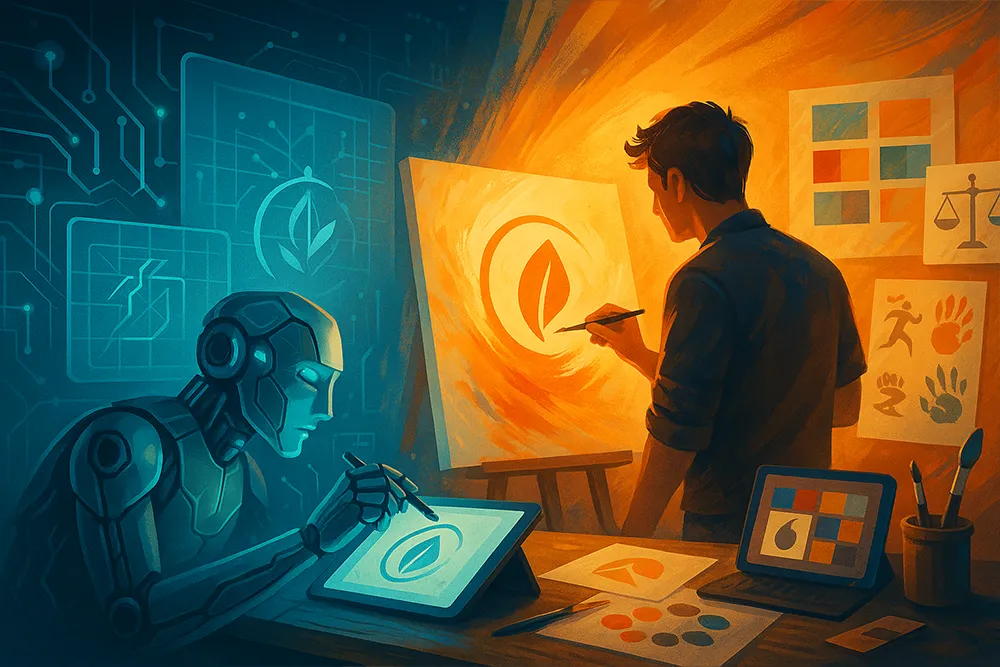 A digital illustration in landscape format showing a symbolic contrast between AI and human creativity. On the left, a humanoid robot draws a leaf-shaped logo on a tablet amidst blue holographic screens and circuits. On the right, a human artist paints the same logo on a canvas in a warm, vibrant workspace filled with artistic tools and expressive design elements.
