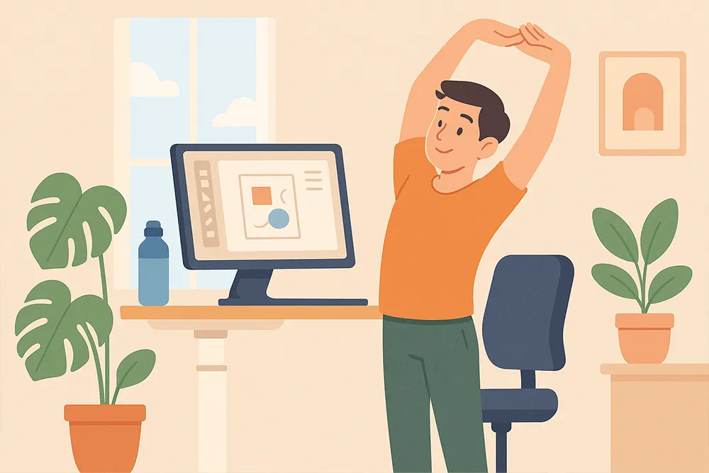Illustration of a designer stretching at a standing desk in a cozy home office with plants, a water bottle, and a computer screen showing a design interface.