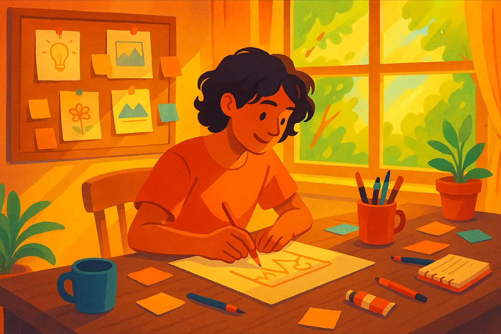 An illustrated scene of a young person sketching at a desk in a cozy, sunlit studio. The workspace is filled with colorful sticky notes, art supplies, potted plants, and a corkboard with pinned sketches. Warm sunlight streams through a large window with green foliage outside, creating a vibrant and inviting atmosphere.