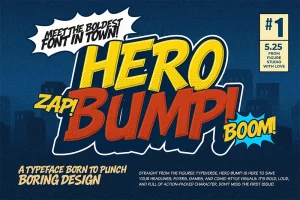 A bold, comic-style promotional graphic featuring the font “Hero Bump!” by Figuree Studio. The text is styled with explosive effects like “ZAP!” and “BOOM!” in a colorful, dynamic layout. A tagline reads: “A typeface born to punch boring design,” set against a dark city skyline.