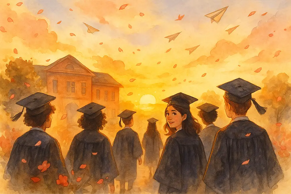 Emotional watercolor-style illustration of students in graduation gowns walking into a sunset, with floating petals and paper planes