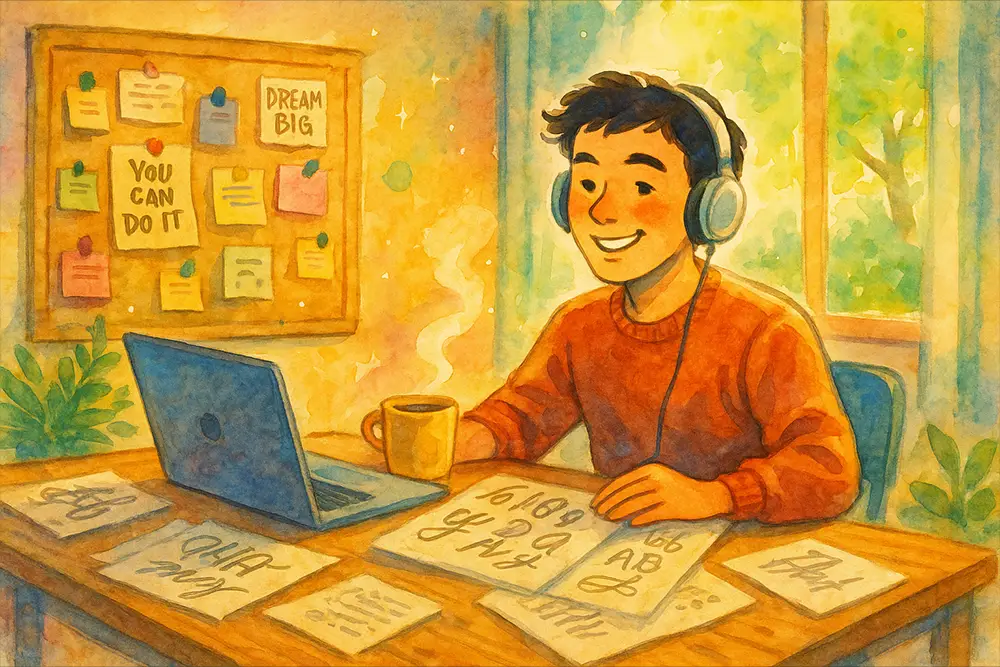 A vibrant watercolor illustration of a focused freelancer at a bright wooden desk with sketches, laptop, and coffee, energized for Monday creative work, sunlight and greenery in the background.