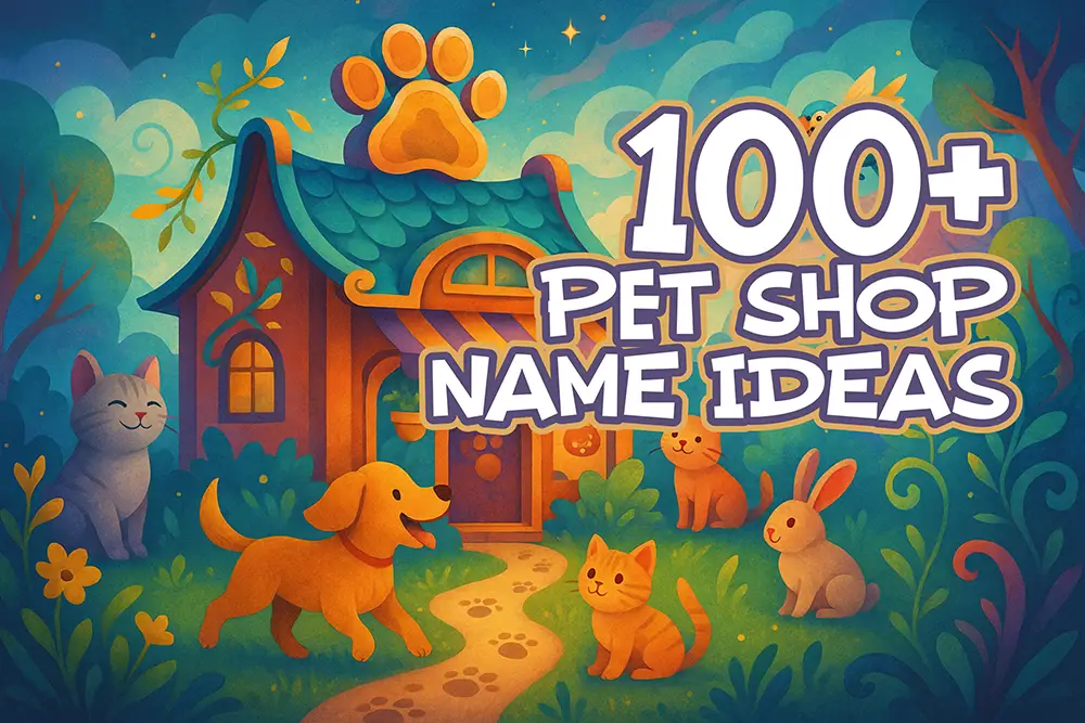 A whimsical fantasy illustration of a colorful pet store surrounded by happy animals including dogs, cats, rabbits, and a bird, set in a dreamy, enchanted landscape with swirling clouds and vibrant foliage.