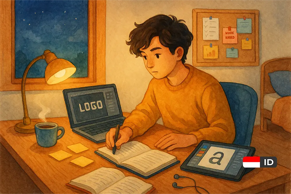 Mahasiswa sedang mengerjakan freelance sambil kuliah di malam hari, dengan laptop, tablet, dan buku terbuka di meja kerja yang rapi. Ilustrasi watercolor gaya retro yang inspiratif.