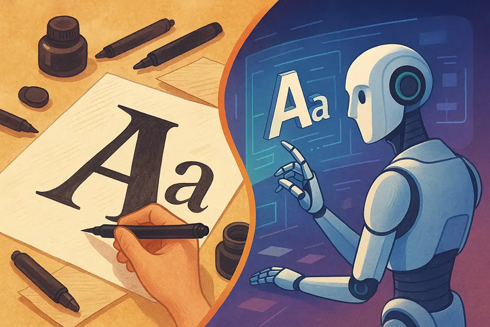 An illustration showing a human hand drawing a serif letter "A" with a brush pen on paper, contrasted with a robot manipulating digital letterforms in a futuristic interface.