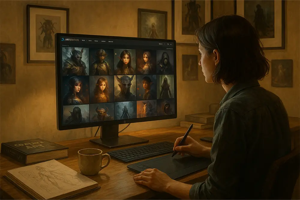 A realistic digital illustration of a young artist using a pen tablet while browsing ArtStation on a large monitor, surrounded by sketchbooks and fantasy artwork in a warmly lit studio.