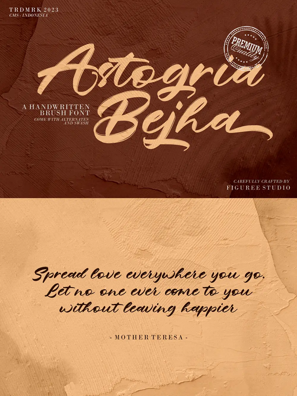 Cover image of the "Astogria Bejha" handwritten brush font by Figuree Studio, featuring elegant script lettering and a quote by Mother Teresa on a textured clay background.