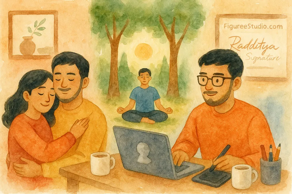 A watercolor illustration showing a freelance designer balancing life—spending time with a partner, working at a desk, and meditating in nature.